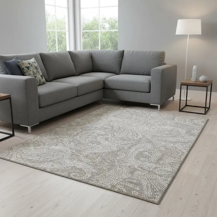 Taupe And Ivory Paisley Washable Area Rug With UV Protection Photo 2