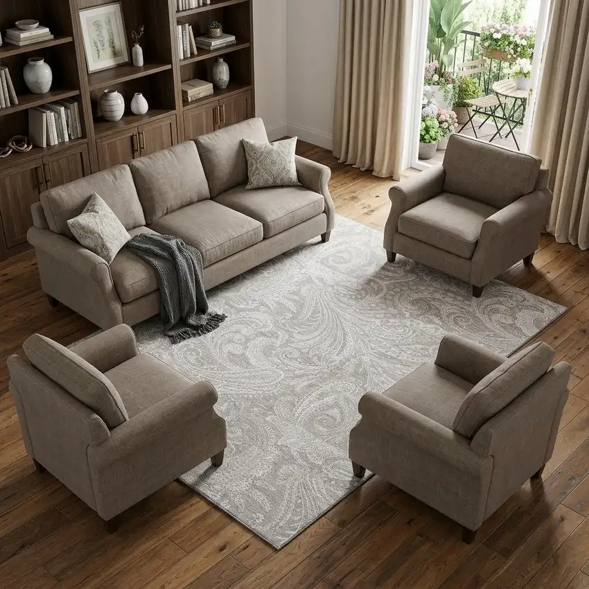 Taupe And Ivory Paisley Washable Area Rug With UV Protection Photo 1