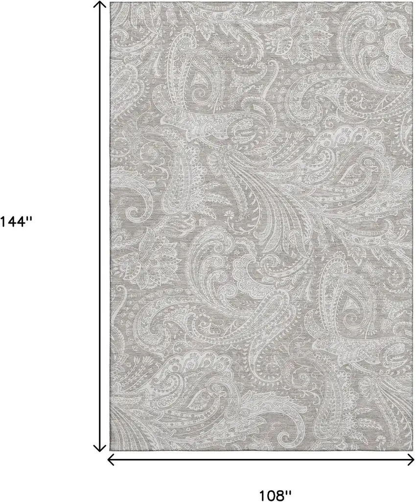 Taupe And Ivory Paisley Washable Area Rug With UV Protection Photo 5