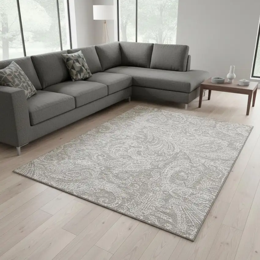 Taupe And Ivory Paisley Washable Area Rug With UV Protection Photo 3