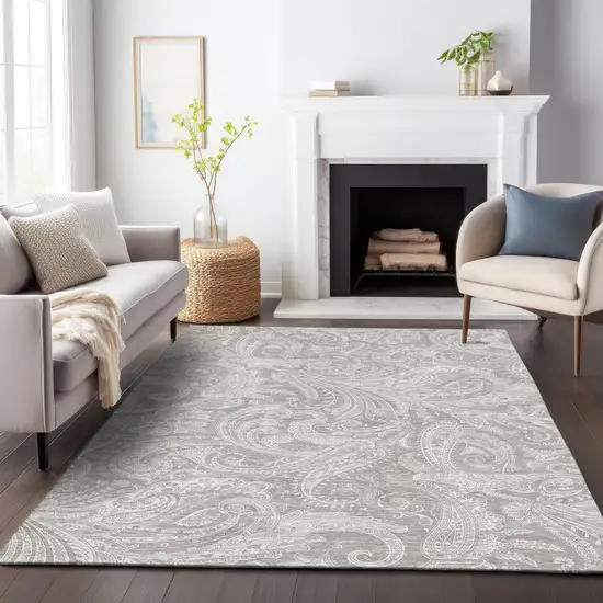 Taupe And Ivory Paisley Washable Area Rug With UV Protection Photo 5