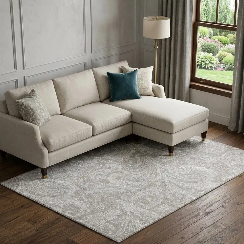 Taupe And Ivory Paisley Washable Area Rug With UV Protection Photo 1
