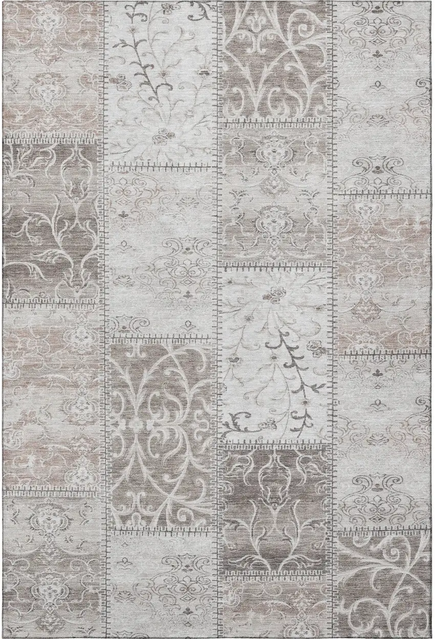 Taupe And Ivory Patchwork Washable Area Rug With UV Protection Photo 4