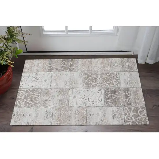 Taupe And Ivory Patchwork Washable Area Rug With UV Protection Photo 2