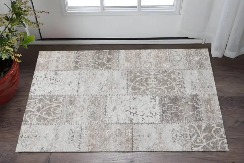 Taupe And Ivory Patchwork Washable Area Rug With UV Protection Photo 2