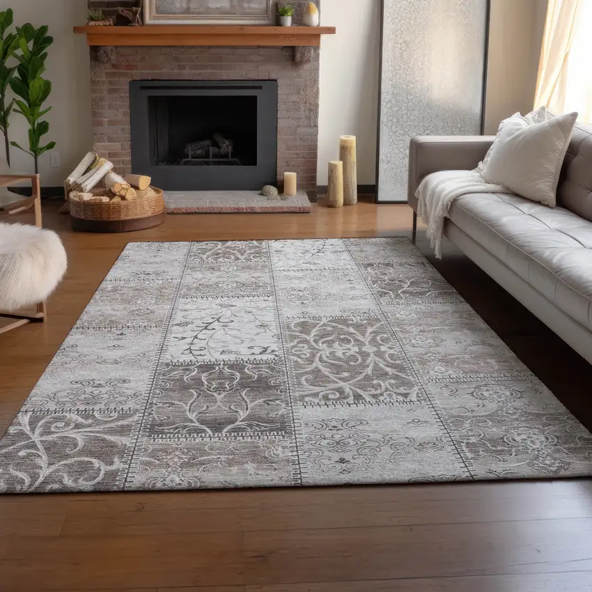 Taupe And Ivory Patchwork Washable Area Rug With UV Protection Photo 5