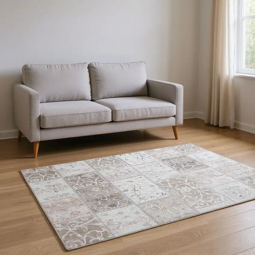 Taupe And Ivory Patchwork Washable Area Rug With UV Protection Photo 2