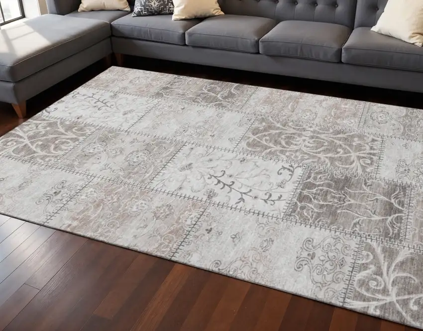 Taupe And Ivory Patchwork Washable Area Rug With UV Protection Photo 2
