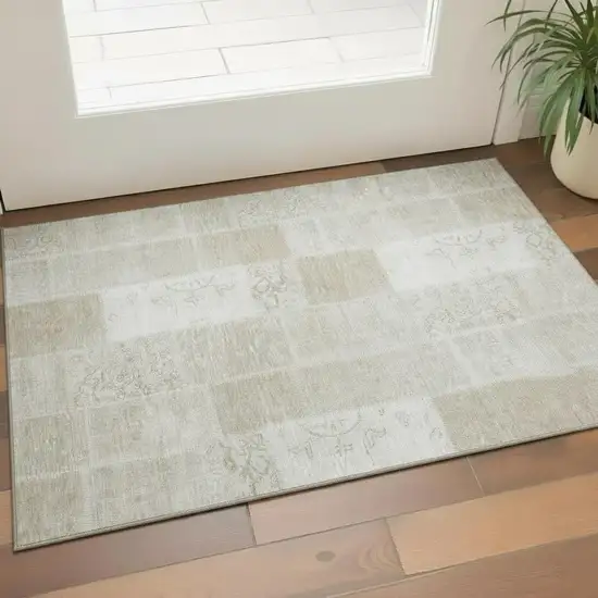 Taupe And Ivory Patchwork Washable Area Rug With UV Protection Photo 1