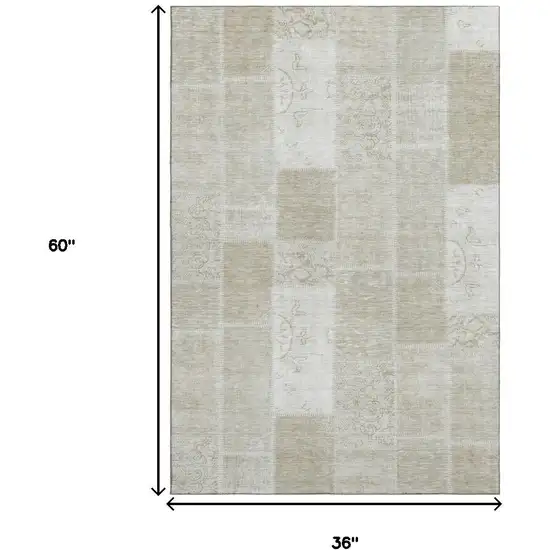 Taupe And Ivory Patchwork Washable Area Rug With UV Protection Photo 3