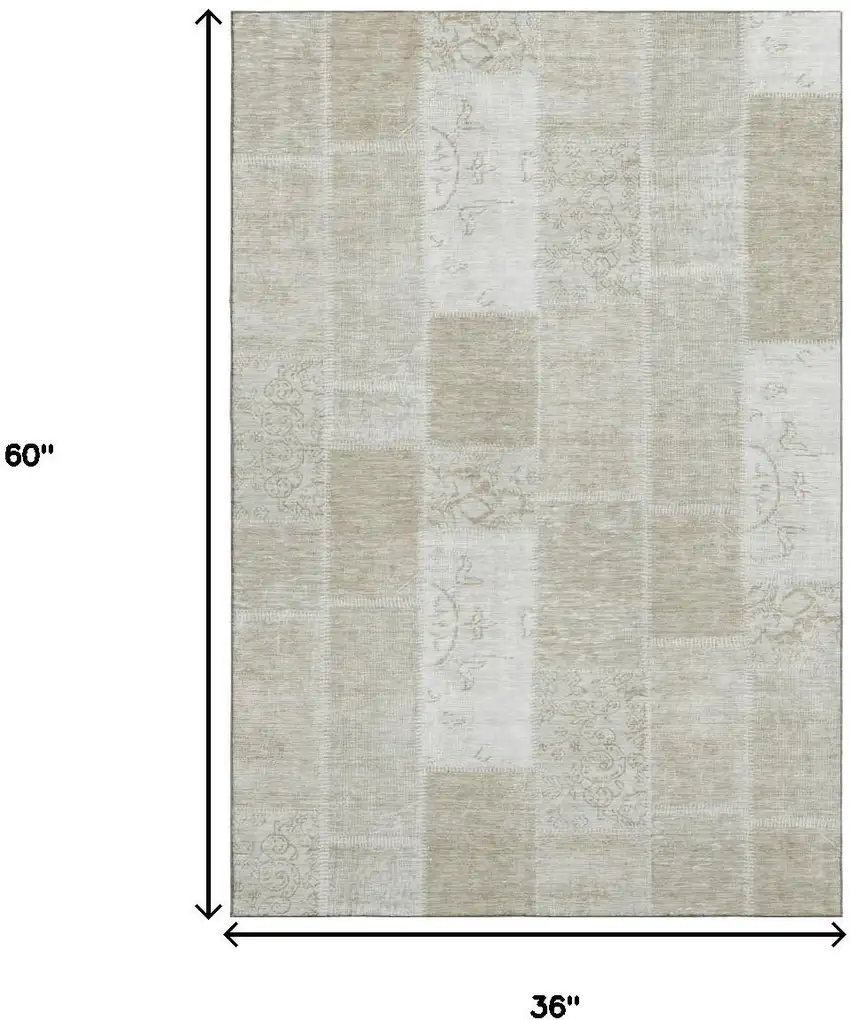 Taupe And Ivory Patchwork Washable Area Rug With UV Protection Photo 3