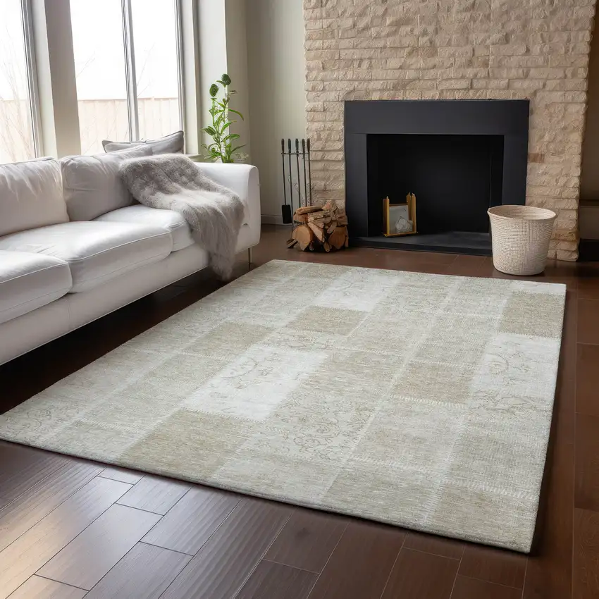 Taupe And Ivory Patchwork Washable Area Rug With UV Protection Photo 5