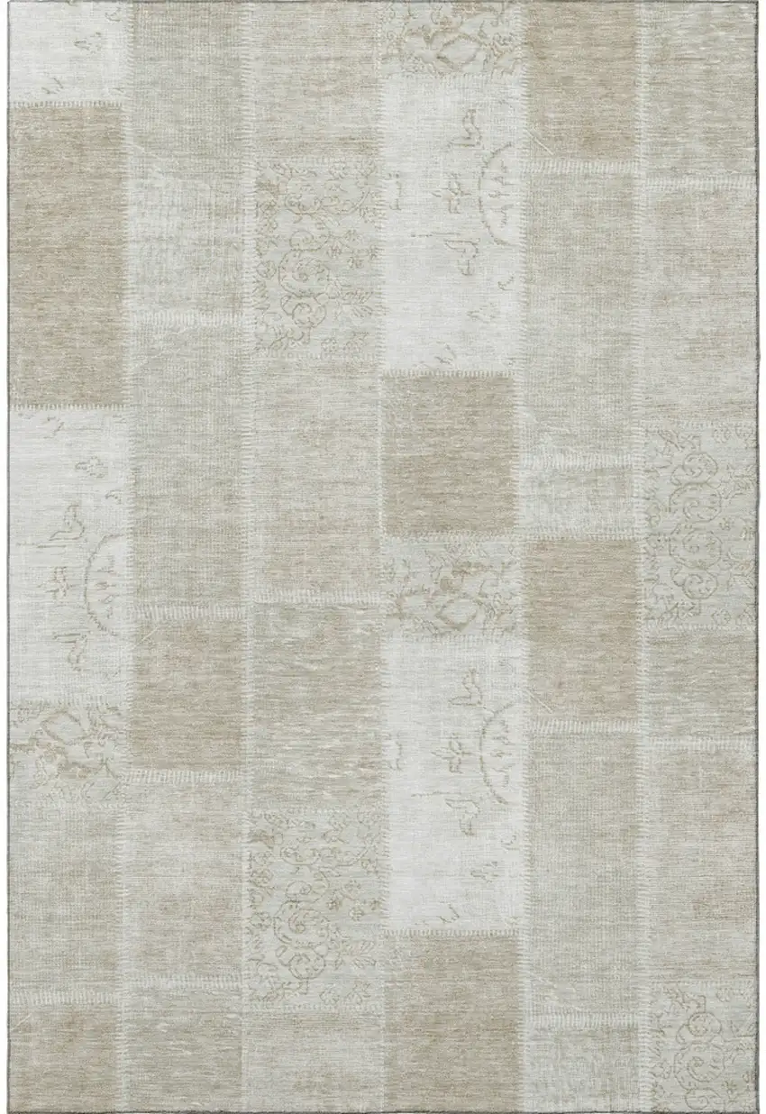Taupe And Ivory Patchwork Washable Area Rug With UV Protection Photo 3