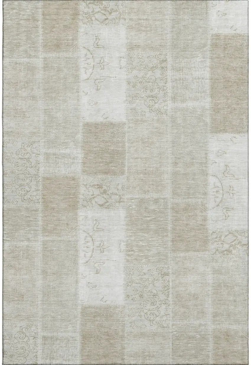 Taupe And Ivory Patchwork Washable Area Rug With UV Protection Photo 1