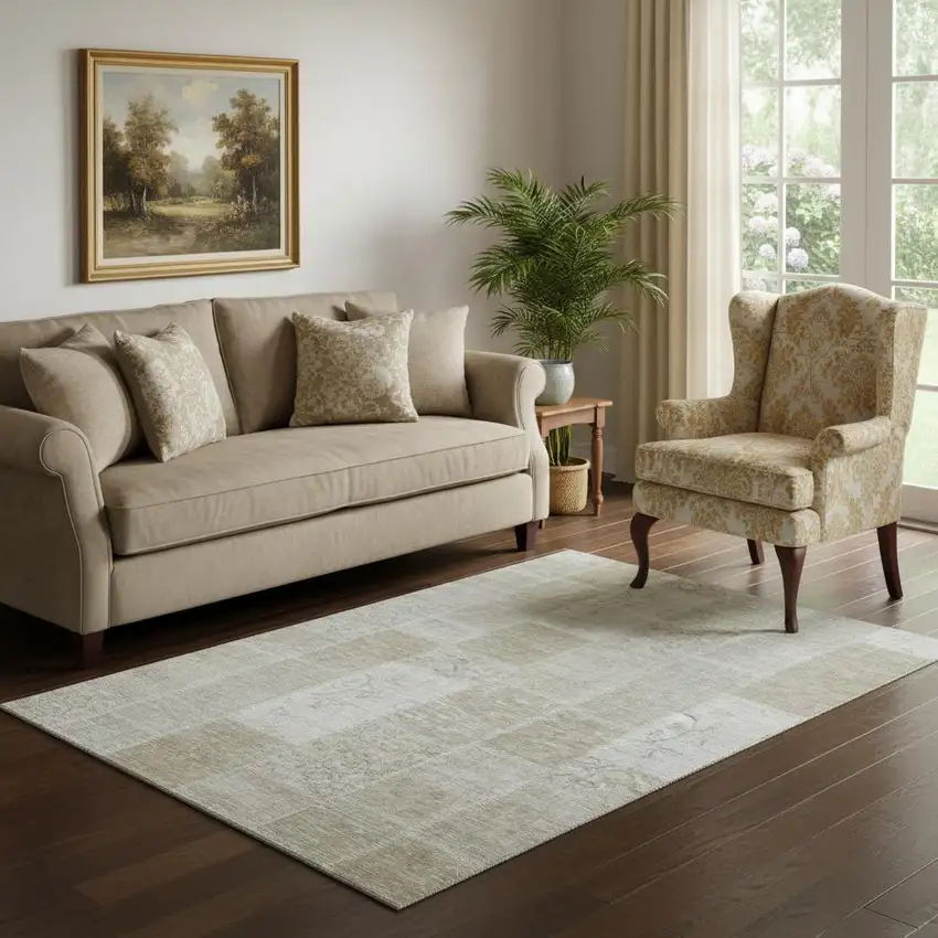 Taupe And Ivory Patchwork Washable Area Rug With UV Protection Photo 1