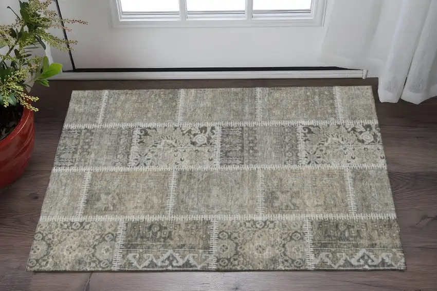 Taupe And Ivory Patchwork Washable Area Rug With UV Protection Photo 2