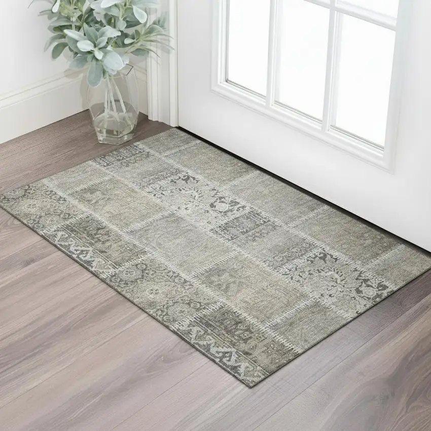 Taupe And Ivory Patchwork Washable Area Rug With UV Protection Photo 1