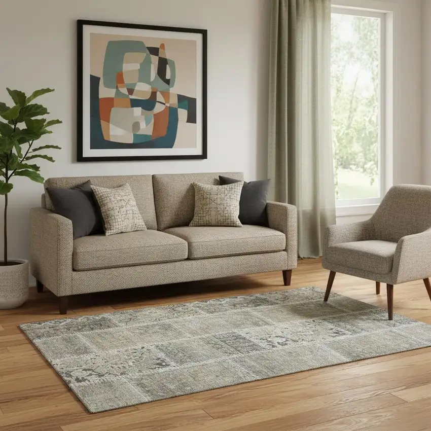 Taupe And Ivory Patchwork Washable Area Rug With UV Protection Photo 1