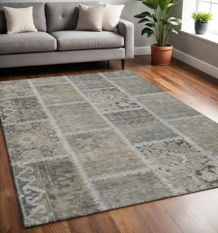 Taupe And Ivory Patchwork Washable Area Rug With UV Protection Photo 2