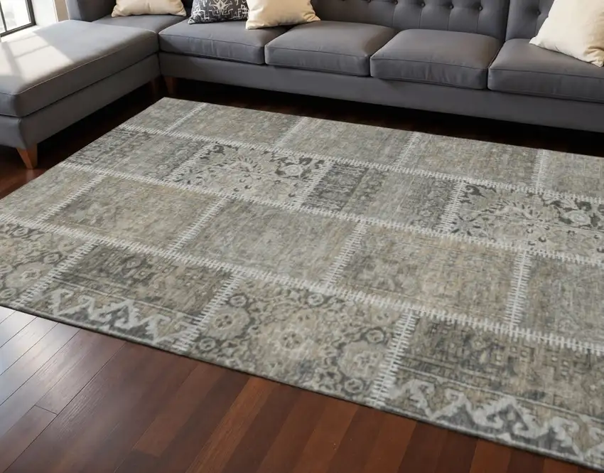 Taupe And Ivory Patchwork Washable Area Rug With UV Protection Photo 2