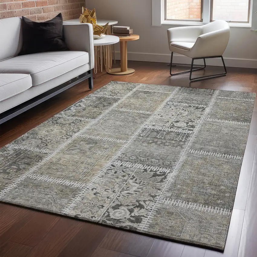 Taupe And Ivory Patchwork Washable Area Rug With UV Protection Photo 4