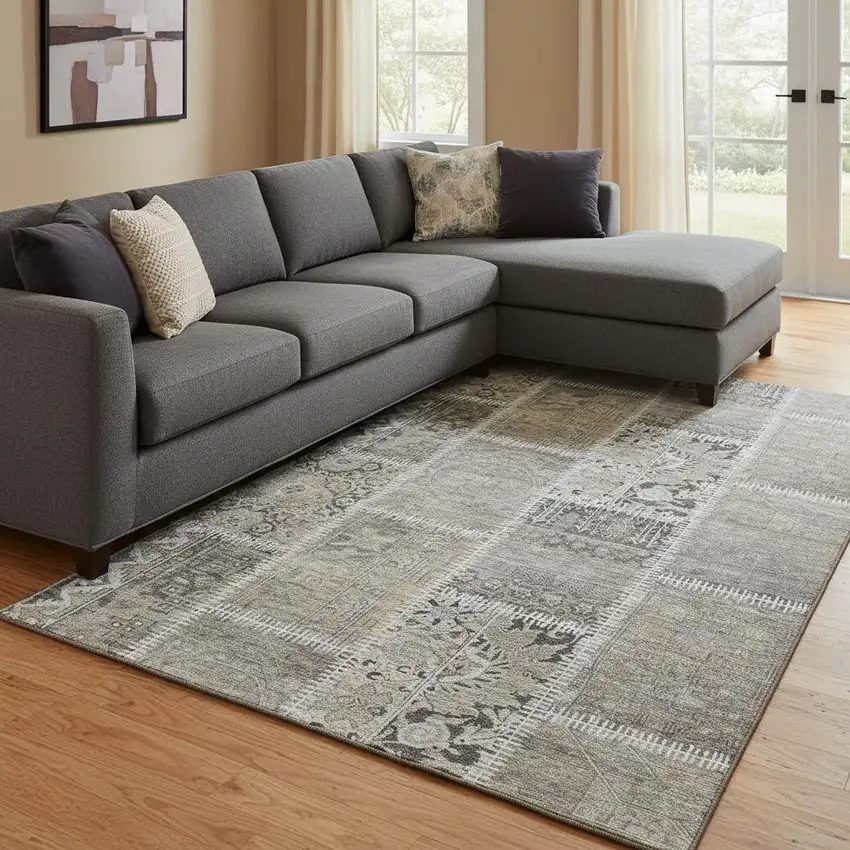 Taupe And Ivory Patchwork Washable Area Rug With UV Protection Photo 1