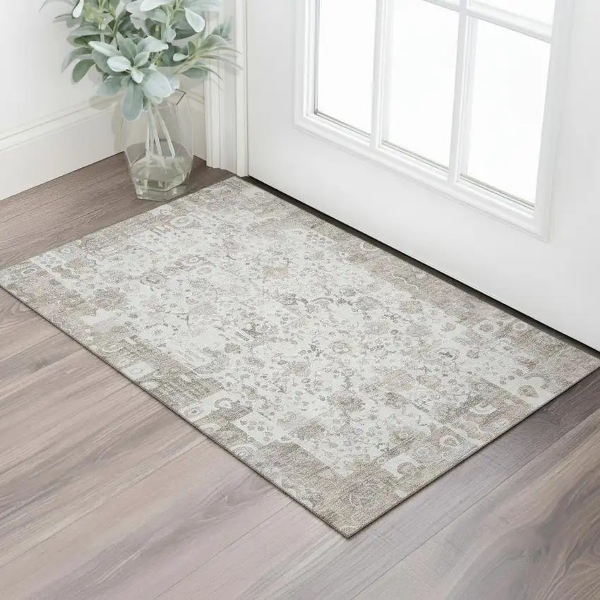 Taupe And Ivory Patchwork Washable Area Rug With UV Protection Photo 2
