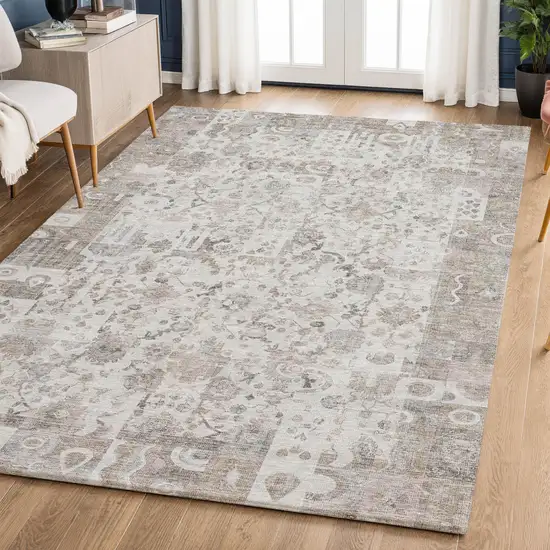 Taupe And Ivory Patchwork Washable Area Rug With UV Protection Photo 6