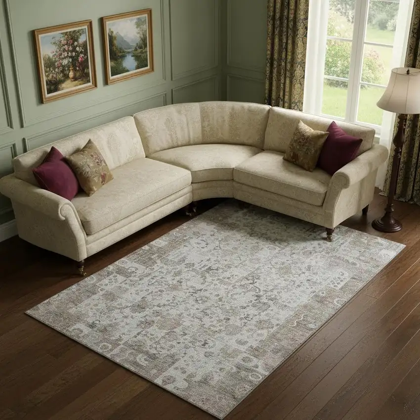 Taupe And Ivory Patchwork Washable Area Rug With UV Protection Photo 2