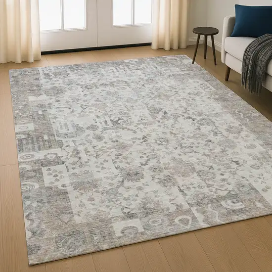 Taupe And Ivory Patchwork Washable Area Rug With UV Protection Photo 5