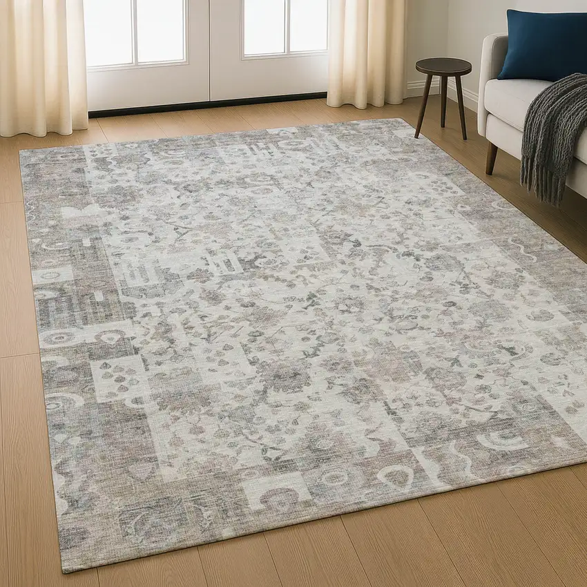 Taupe And Ivory Patchwork Washable Area Rug With UV Protection Photo 5