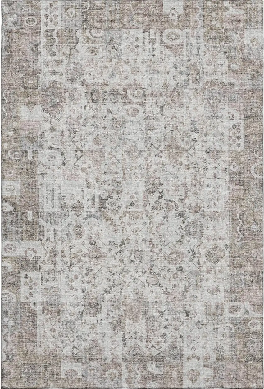 Taupe And Ivory Patchwork Washable Area Rug With UV Protection Photo 1