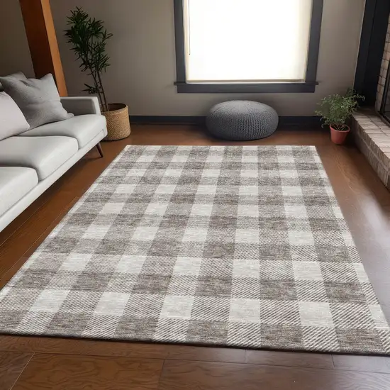 Taupe And Ivory Plaid Washable Area Rug With UV Protection Photo 5