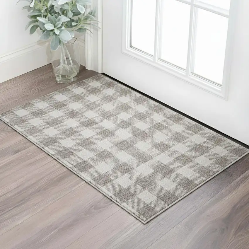 Taupe And Ivory Plaid Washable Area Rug With UV Protection Photo 2