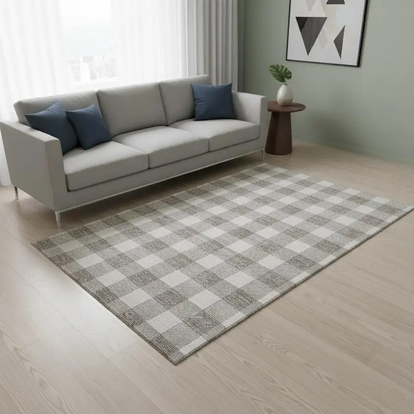 Taupe And Ivory Plaid Washable Area Rug With UV Protection Photo 2