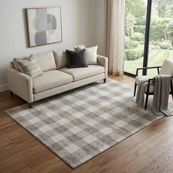 Taupe And Ivory Plaid Washable Area Rug With UV Protection Photo 1