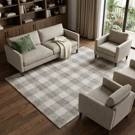Taupe And Ivory Plaid Washable Area Rug With UV Protection Photo 1
