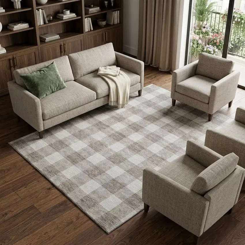 Taupe And Ivory Plaid Washable Area Rug With UV Protection Photo 1