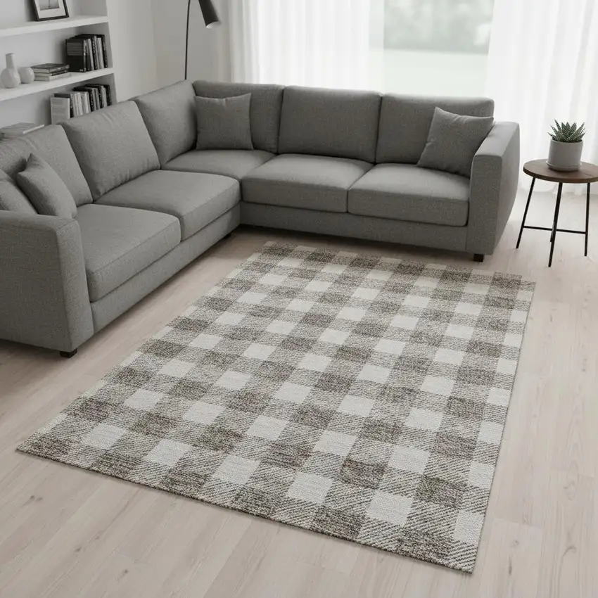 Taupe And Ivory Plaid Washable Area Rug With UV Protection Photo 2