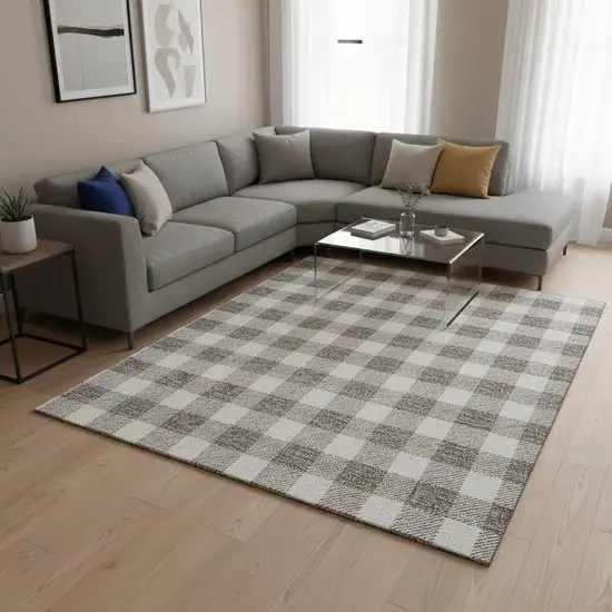 Taupe And Ivory Plaid Washable Area Rug With UV Protection Photo 2