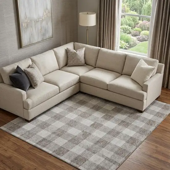 Taupe And Ivory Plaid Washable Area Rug With UV Protection Photo 1