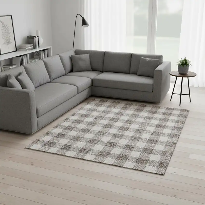 Taupe And Ivory Plaid Washable Area Rug With UV Protection Photo 2