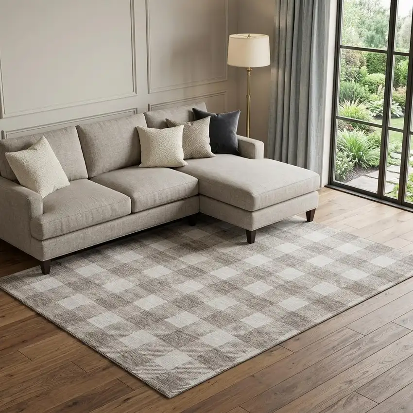 Taupe And Ivory Plaid Washable Area Rug With UV Protection Photo 1