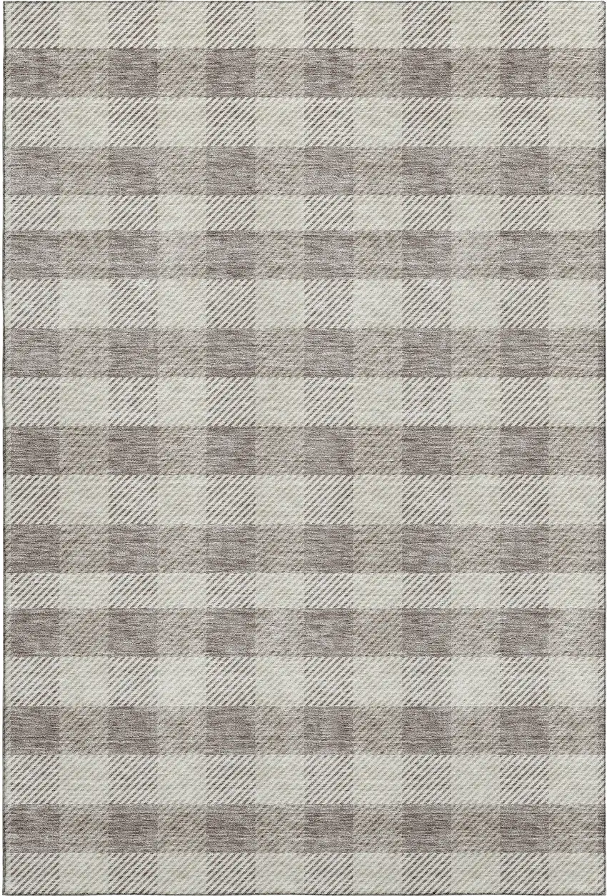 Taupe And Ivory Plaid Washable Area Rug With UV Protection Photo 1