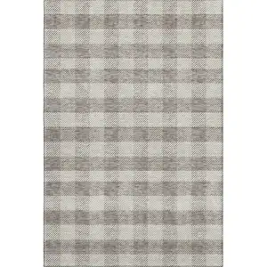 Photo of Taupe And Ivory Plaid Washable Area Rug With UV Protection