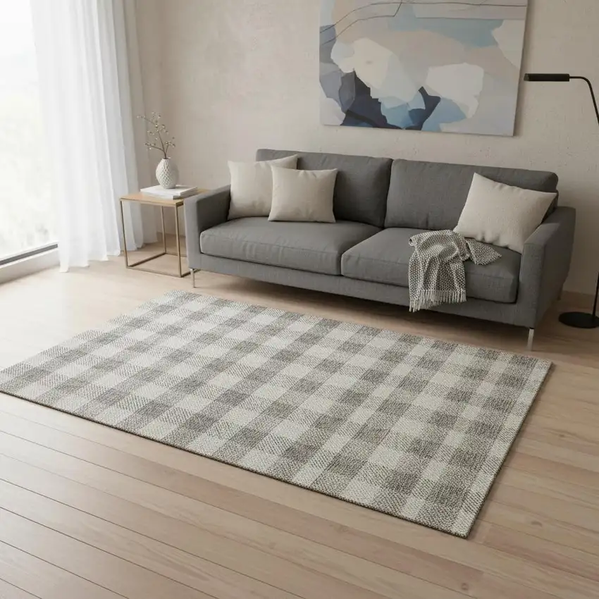 Taupe And Ivory Plaid Washable Area Rug With UV Protection Photo 2