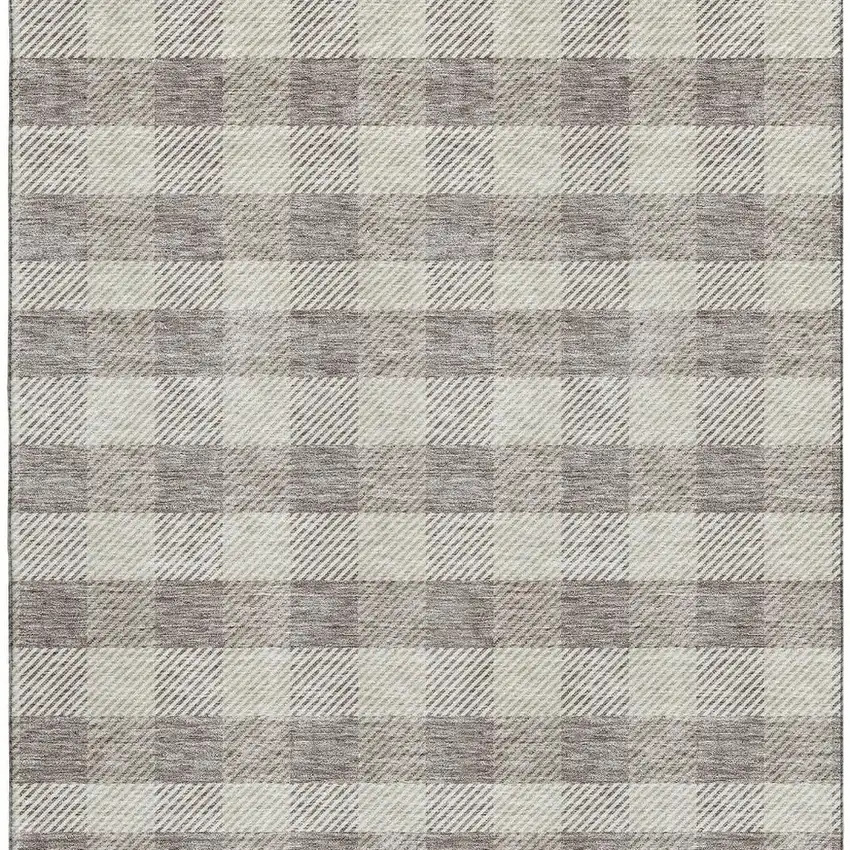 Taupe And Ivory Plaid Washable Area Rug With UV Protection Photo 3
