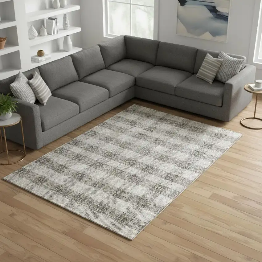 Taupe And Ivory Plaid Washable Area Rug With UV Protection Photo 2