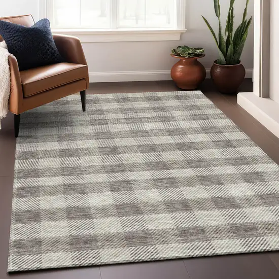 Taupe And Ivory Plaid Washable Area Rug With UV Protection Photo 4