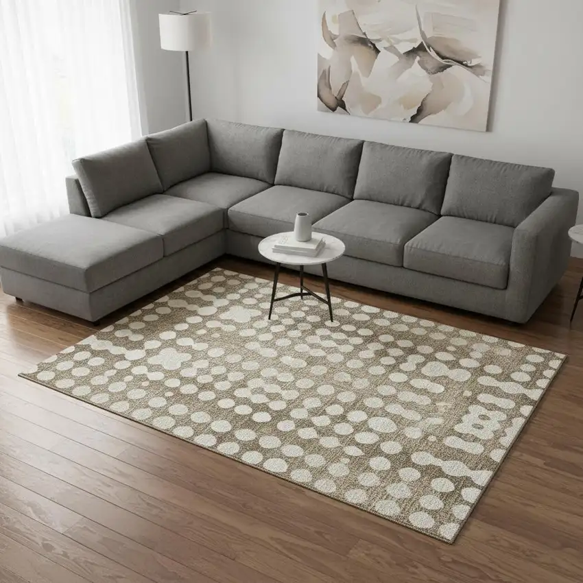 Taupe And Ivory Polka Dot Washable Area Rug With UV Protection Photo 2